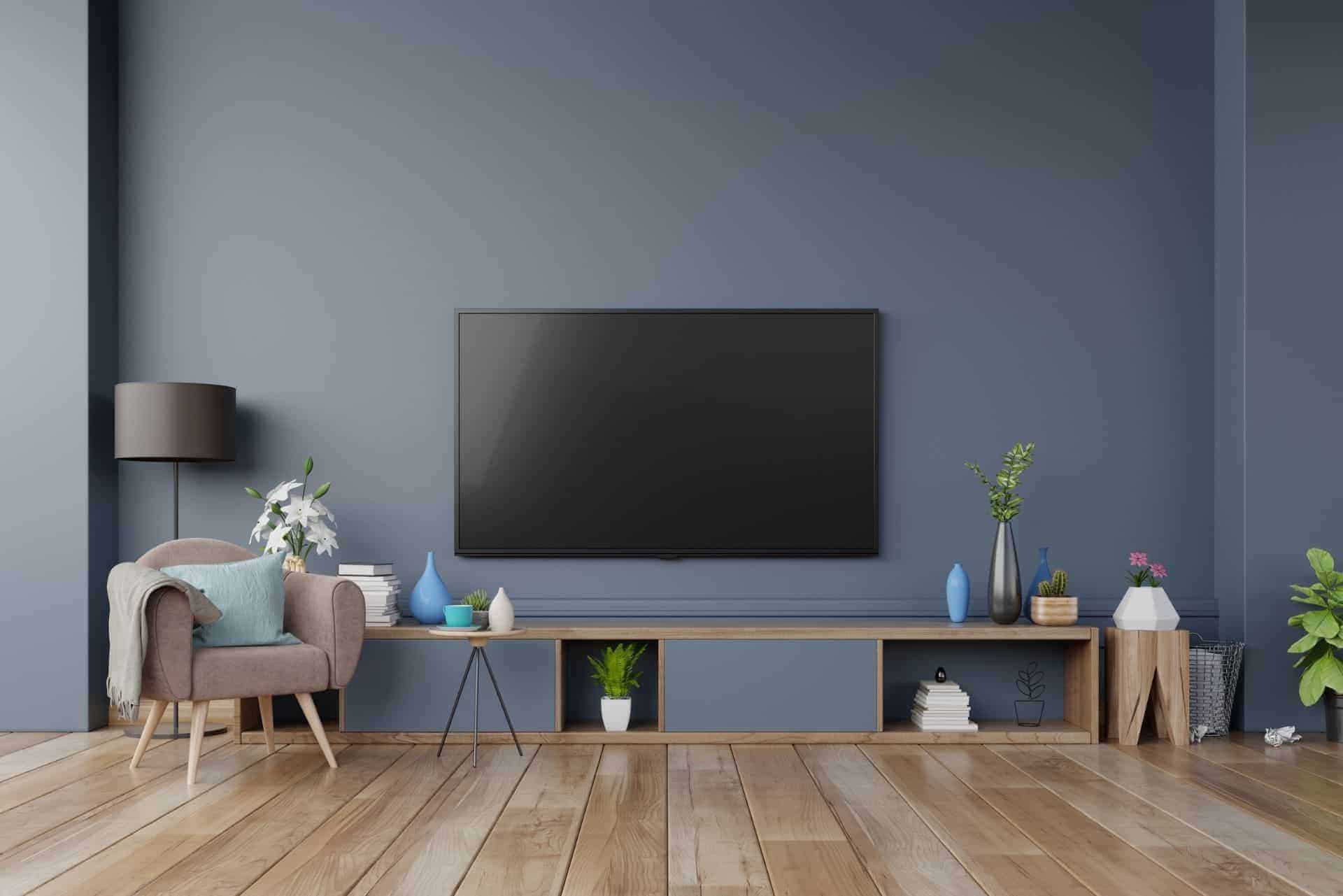 modern tv unit design on dark wall background